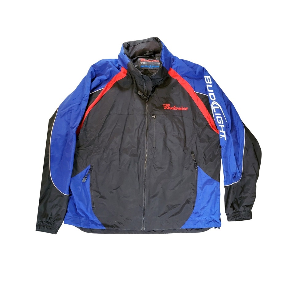 Bud Light Promotional Mens Large Racing Windbreaker Jacket Black Blue Vintage